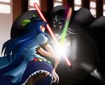  1girl battle boots clash crossover darth_vader duel energy_sword highres hinanawi_tenshi lightsaber mugenjohncel star_wars sword sword_of_hisou touhou weapon 