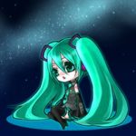  chibi detached_sleeves green_eyes green_hair hatsune_miku headphones long_hair lowres necktie night sasama_keiji skirt sky solo star_(sky) starry_sky thighhighs twintails vocaloid 