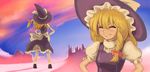  ^_^ amano_takumi apron blonde_hair bobby_socks bow braid closed_eyes from_behind hat kirisame_marisa mary_janes multiple_views puffy_short_sleeves puffy_sleeves scenery shoes short_sleeves single_braid socks standing touhou waist_apron white_legwear witch_hat 