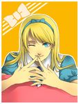  alice_(wonderland) alice_(wonderland)_(cosplay) alice_in_wonderland bad_id bad_pixiv_id blonde_hair blue_eyes cosplay crossdressing hairband kuma_(persona_4) male_focus one_eye_closed otoko_no_ko persona persona_4 smile solo wai 