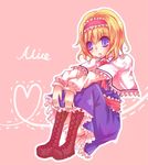  alice_margatroid blonde_hair blue_eyes boots character_name hairband heart heart_of_string kirero short_hair solo touhou 