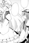  2girls blank_speech_bubble closed_eyes crossed_arms food from_side fruit greyscale hat hinanawi_tenshi long_sleeves monochrome multiple_girls peach seo_tatsuya simple_background speech_bubble tabard text_focus touhou upper_body white_background wide_sleeves yakumo_yukari 