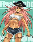  artist_request big_hair blue_eyes blue_shorts bulge chain final_fight hat long_hair pink_hair poison_(final_fight) short_shorts shorts solo street_fighter torn_clothes 