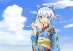  bow cirno cloud day fan japanese_clothes kimono paper_fan ruit sky solo sweatdrop touhou uchiwa 