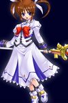  :d ankle_boots blue_eyes blush boots bow bowtie brown_hair fingerless_gloves gao_(naodayo) gem gloves highres long_sleeves looking_at_viewer lyrical_nanoha magical_girl mahou_shoujo_lyrical_nanoha mahou_shoujo_lyrical_nanoha_a's open_mouth raising_heart red_bow red_neckwear rod smile solo staff standing takamachi_nanoha twintails uniform 