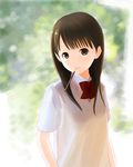  bangs brown_eyes brown_hair food kokudou_juunigou long_hair no_nose original pocky school_uniform solo sweater_vest vest 