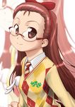  argyle argyle_sweater brown_eyes bunny college_of_angel_(idolmaster) glasses idolmaster idolmaster_(classic) idolmaster_live_for_you! long_hair minase_iori necktie red_hair school_uniform solo stuffed_animal stuffed_bunny stuffed_toy sweater ttomm 