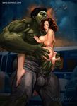  1girl anus ass ass_grab breast_press breasts feet grabbing hetero highres hulk large_breasts nipples open_mouth penis pussy red_hair sex vaginal 
