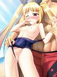  artist_request blazblue blonde_hair blush breasts censored pussy pussy_juice rachel_alucard red_eyes swimsuit wet 
