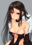  awata_mokane bangs bare_shoulders black_dress breasts brown_hair center_opening choker cleavage closed_mouth collarbone commentary consort_yu_(fate) dress ear_piercing fate/grand_order fate_(series) fur_collar fur_trim grey_background long_hair looking_at_viewer medium_breasts navel off_shoulder piercing red_eyes simple_background solo very_long_hair 