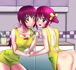  2girls :d apron ass blush breasts female hand_holding hoshizora_ikuyo hoshizora_miyuki kitchen long_hair looking_at_viewer miyuki_hoshizora mother_and_daughter multiple_girls naked_apron open_mouth ponytail precure pretty_cure purple_eyes purple_hair pussy short_hair skyofgs smile smile_precure smile_precure! uncensored 