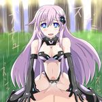  1girl blue_eyes blush breasts choujigen_game_neptune clothed_female_nude_male cowgirl_position cum cum_in_pussy gaoka girl_on_top gloves hetero hyperdimension_neptunia hyperdimension_neptunia_mk2 long_hair nepgear neptune_(series) open_mouth outdoors purple_hair purple_sister sex spread_legs straddling sweat text thighhighs tongue torn_clothes uncensored vaginal very_long_hair 