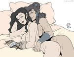  2girls artist_request asami_sato avatar:_the_last_airbender avatar_the_last_airbender bed black_hair breasts brown_hair callmepo eyes_closed gloves greblin korra legend_of_korra multiple_girls nickelodeon smile spooning sweat the_legend_of_korra wet yuri 