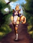  black_nose blue_eyes breasts chest_tuft claws cloud digimon epyon facial_markings female forest fur gloves markings nipples nude pussy renamon sky standing tree tuft 