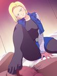  1girl android_18 bed belt blonde_hair blue_eyes blush breasts censored clothed_female_nude_male dragon_ball dragon_ball_z dragonball_z earrings engawa_suguru erodon_hearts feet footjob highres jacket jewelry large_breasts legs looking_at_viewer lying mosaic_censoring penis pubic_hair short_hair sitting skirt smile solo_focus thighhighs thighs toes 