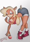  anthro apple bandicoot bent_over big_breasts blonde_hair breasts cleavage clothed clothing cocobandicootgirl crash_bandicoot crash_bandicoot_(series) female fruit green_eyes hair long_hair mammal marsupial solo tawna_bandicoot tight_clothing video_games 
