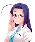  adjusting_eyewear ahoge breasts glasses idolmaster idolmaster_(classic) idolmaster_live_for_you! large_breasts miura_azusa necktie purple_hair red_eyes rough_time_school school_uniform shirt solo toshifumi 