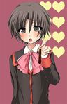  blush bob_cut bow brown_eyes brown_hair crossdressing food little_busters! male_focus masayu naoe_riki otoko_no_ko pink_bow pocky school_uniform short_hair solo 