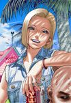  1girl alcohol android_18 bad_id bad_pixiv_id bald beach beer blonde_hair blue_eyes bracelet can colored_pencil_(medium) day denim dragon_ball dragon_ball_z earrings jewelry kame_house kuririn realistic short_hair smile sweat sweatdrop traditional_media tree ug_(ugg) vest 