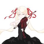  bare_shoulders blonde_hair closed_eyes copyright_request dress instrument kazuoki long_hair ribbon simple_background smile solo twintails violin 