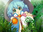  atelier_(series) blue_hair bow flower grass green_eyes hat mana_khemia_(series) mana_khemia_2 official_art open_mouth pink_bow puniyo_(mana_khemia) shepherd's-purse solo yoshizumi_kazuyuki 