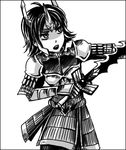  armor artist_request full_armor gauntlets gem greyscale headpiece looking_to_the_side lowres monochrome sengoku_musou sengoku_musou_2 shaded_face short_hair simple_background solo tachibana_ginchiyo white_background 