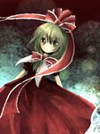  blush cowboy_shot dress frills front_ponytail green_eyes green_hair kagiyama_hina looking_at_viewer ou_(swdp) puffy_short_sleeves puffy_sleeves red_dress shawl short_hair short_sleeves solo touhou 