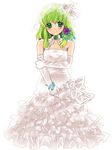  bad_id bad_pixiv_id blush bridal_veil bride dress elbow_gloves flower gloves gown green_eyes green_hair hair_ribbon kochiya_sanae looking_at_viewer n-mix ribbon smile solo touhou veil wedding_dress white_dress white_gloves 