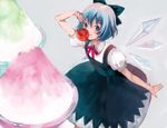  bad_id bad_pixiv_id blue_dress blue_eyes blue_hair bow cherry cirno dress food fruit fukahire_(ruinon) hair_bow holding looking_at_viewer minigirl ribbon shaved_ice short_hair short_sleeves smile solo touhou wings 