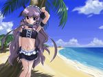  armpits beach bikini blue_eyes day drill_hair gothic_lolita highres ijuuin_karei kurai_(cry) lolita_fashion long_hair male_focus otoko_no_ko outdoors penguin_musume purple_hair solo swimsuit tankini 