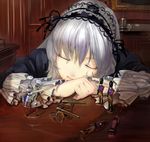  antique_cannon cannon closed_eyes closed_mouth frills gothic gothic_lolita hairband head_rest knight lolita_fashion moruga ribbon rozen_maiden silver_hair sleeping soldier solo suigintou toy 