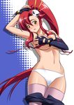  arm_up bikini_top blush covering covering_breasts elbow_gloves fingerless_gloves gloves hair_ornament hairclip hairpin long_hair midriff navel open_mouth panties pickles_(lte) pink_legwear ponytail red_hair shorts shorts_pull skull_hair_ornament solo tengen_toppa_gurren_lagann thighhighs underwear very_long_hair white_panties yellow_eyes yoko_littner 