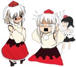  black_hair chibi detached_sleeves geta glass hat inubashiri_momiji multiple_girls negija o_o red_eyes shameimaru_aya short_hair tears tengu-geta touhou white_hair 