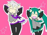  artist_request blush_stickers caramelldansen closed_eyes dancing green_hair hatsune_miku long_hair multiple_girls navel necktie skirt thighhighs twintails very_long_hair vocaloid voyakiloid white_hair yowane_haku zettai_ryouiki 