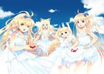  animal_ears blonde_hair bow braid cat_ears cherry food fruit green_eyes hair_bow hair_ribbon long_hair miyama_waka multiple_girls original purple_eyes ribbon 