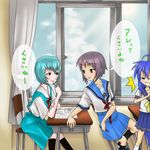  :3 ayanami_rei blue_hair blue_sailor_collar brown_eyes chair classroom closed_eyes crossover desk izumi_konata kita_high_school_uniform long_hair lucky_star multiple_girls nagato_yuki neon_genesis_evangelion non-web_source out_of_character red_eyes ryouou_school_uniform sailor_collar school_desk school_uniform serafuku short_hair silver_hair smile suzumiya_haruhi_no_yuuutsu translated 