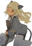  animal_ears bad_id bad_pixiv_id blonde_hair bren_gun cat_ears face glasses gun jitsu_hidari long_hair machine_gun one_eye_closed pantyhose perrine_h_clostermann solo strike_witches striker_unit tail weapon world_witches_series 