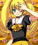  alternate_costume beatmania blonde_hair blue_eyes choker dance_dance_revolution directional_arrow drill_hair futaba_841 nail_polish one_eye_closed school_uniform serafuku twin_drills twintails yuni_(dance_dance_revolution) 