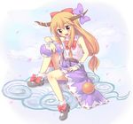  :d blue_skirt blush bow bowtie chain cuffs geta hair_bow head_tilt ibuki_suika long_hair looking_at_viewer low-tied_long_hair oimo open_mouth orange_hair red_bow red_neckwear shackles sidelocks skirt smile solo tabi touhou very_long_hair 