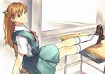  blue_eyes desk kneehighs long_hair moulton neon_genesis_evangelion non-web_source red_hair school_uniform smile socks solo souryuu_asuka_langley 