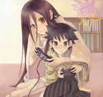  1girl bikini black_hair blanket brown_eyes controller furayu_(flayu) game_controller gamepad hakama itoshiki_majiru japanese_clothes komori_kiri long_hair non-web_source playing_games sayonara_zetsubou_sensei smile swimsuit video_game 