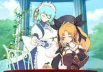  atelier_(series) blonde_hair blue_hair closed_eyes dessert elbow_gloves food gloves hair_ribbon liliane_vehlendorf maid mana_khemia_(series) mana_khemia_2 multiple_girls official_art ribbon tea teapot twintails wuim_(mana_khemia) yoshizumi_kazuyuki 