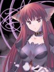  47agdragon animal_ears bodysuit breasts buckle cat_ears choker cleavage collarbone large_breasts long_hair original red_eyes red_hair sidelocks skin_tight solo 