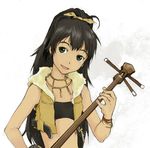  bandeau bare_shoulders beyond_the_vibes black_eyes black_hair ganaha_hibiki idolmaster idolmaster_(classic) idolmaster_1 instrument jewelry long_hair midriff necklace okinawa ponytail sanshin shamisen solo strapless tamaoki_benkyou tubetop vest 