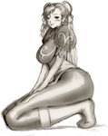  boots breasts bun_cover capcom chun-li curvy double_bun greyscale large_breasts lowres monochrome pantyhose solo street_fighter thighs 