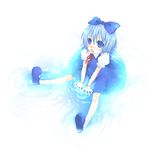  bad_id bad_pixiv_id blue_eyes blue_hair bow cirno open_mouth ribbon short_hair solo touhou water wings you_zasshoku 