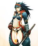  blue_hair fishnets hairband hironox katana left-handed long_hair monster_hunter nargacuga_(armor) solo sword weapon 