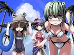  adjusting_hair beach bent_over bikini black_school_swimsuit blonde_hair blue_sarong blush closed_eyes day flower frog front-tie_top gatau green_eyes green_hair hair_flower hair_ornament hair_ribbon hand_on_headwear hand_on_hip happy hat hibiscus highres innertube kochiya_sanae long_hair moriya_suwako multiple_girls no_nose one-piece_swimsuit outdoors palm_tree purple_hair red_eyes ribbon sarong sarong_removed school_swimsuit short_hair side-tie_bikini smile snake straw_hat swimsuit touhou tree wallpaper white_bikini white_sarong yasaka_kanako 