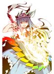  :d aka_ringo blue_hair fire food frills fruit hat hinanawi_tenshi leaf long_hair open_mouth peach purple_eyes smile solo sword sword_of_hisou touhou weapon 