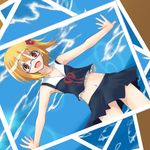  adapted_costume bespectacled blonde_hair cloud day fang glasses ogami_kazuki open_mouth outstretched_arms photo_(object) red_eyes ribbon rumia short_hair smile solo spread_arms touhou 